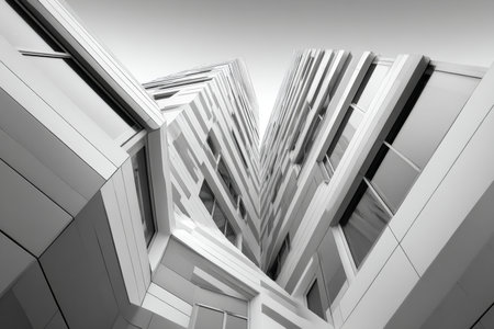 Futuristic Cityscape with Angled Architecture and Geometric Designs, Play of Light and Shadowsの素材