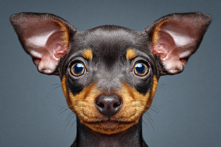 Adorable Miniature Pinscher Puppy Sitting Attentively, Captivating Eyes on Soft Grey Backgroundの素材