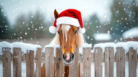 Festive pony wearing a Santa hat peeking over a snowy fence in a charming winter wonderland sceneの素材