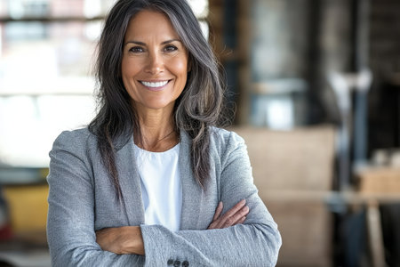 Confident and Attractive Older Hispanic Businesswoman Posing at Her Workplace with Inspiring Smileの素材