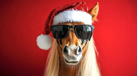Joyful Christmas Horse Portrait Wearing Santa Hat and Sunglasses Against a Bright Red Backgroundの素材