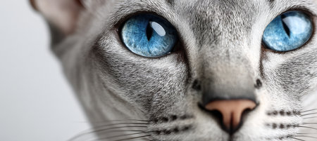 Striking Striped Domestic Cat s Face in Close-Up, Showcasing Expressive Eyes and Clean Charmの素材