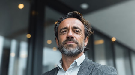 Confident Mature Businessman Investor in Gray Suit with Serious Expression, Outdoor Portrait Imageの素材