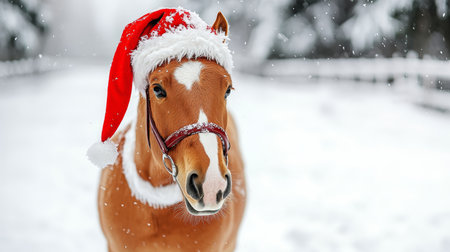 Chestnut Horse with Festive Christmas Santa Hat Surrounded by Gentle Falling Snow for Holiday Spiritの素材