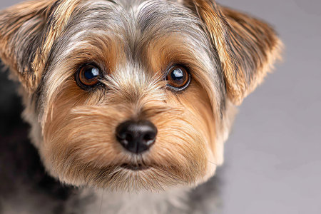 Adorable Yorkshire Terrier with Expressive Eyes Posing Elegantly Against a Soft Studio Backdropの素材