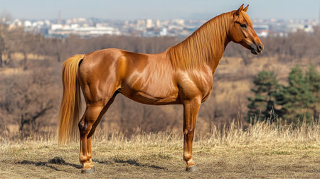 Majestic Arabian Horse Standing Gracefully in a Sunlit Meadow Surrounded by Vibrant Green Grassの素材