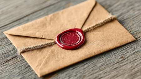 Vintage Paper Envelope with Crimson Wax Seal and Twine on Rustic Wood Background, Antique Styleの素材