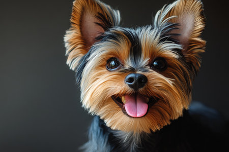 Charming Yorkshire Terrier Close-Up Adorable Portrait with Expressive Eyes on Gray Backgroundの素材