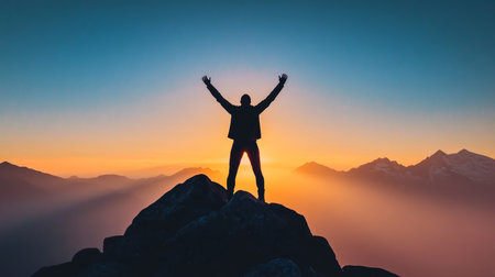 A Man Standing Triumphantly on a Mountain Peak at Sunset, Celebrating His Journey and Achievementsの素材