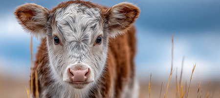 Curious Fluffy Faced Brown and White Hereford Calf Gazing in Serene Rural Pasture Settingの素材