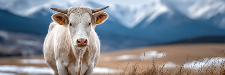 A majestic Charolais cow stands gracefully in a beautiful hillside landscape with distant mountains.の素材