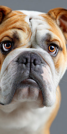 Charming Bulldog Close-up Portrait with Expressive Eyes and Playful Charm on Gray Backgroundの素材