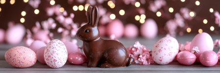 Charming Easter Still Life with Colorful Eggs, Chocolate Bunny, and Beautiful Spring Flowers on Woodの素材