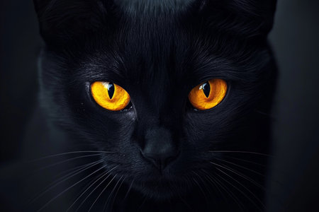 Close Up of a Striking Black Cat Showcasing Its Intense Golden Eyes and Mysterious Grace in Studioの素材