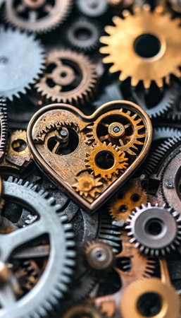 Intricate Steampunk Heart with Close-Up Gears, Copper and Silver Textures, and Clockwork Detailsの素材