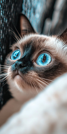 Adorable Close-Up of a Siamese Cat with Striking Blue Eyes Relaxing on a Soft Plush Cushionの素材