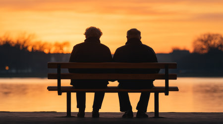 Peaceful Retirement Bliss Elderly Couple Enjoying Sunset by the Lake, Embracing Life Togetherの素材