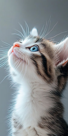 Adorable Tabby Kitten with Striking Blue Eyes and Whiskers, Captivating Portrait on Gray Backgroundの素材