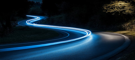 Dynamic Car Light Painting with Vibrant, Futuristic Blue Lights on a Curving Road at Nightの素材