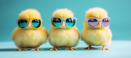 Charming Easter Chicks Wearing Colorful Glasses Create a Joyful Spring Decoration Card Designの素材