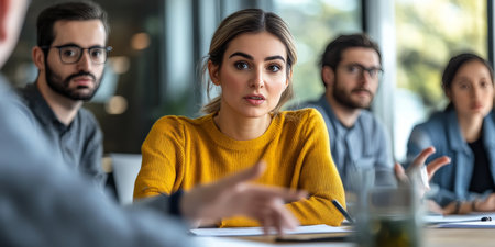 Team Meeting in Modern Office, Diverse Group Collaborating and Sharing Ideas for Effective Solutionsの素材