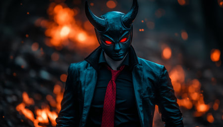 A Mysterious Dark Elegance A Devilish Figure in Sleek Attire Surrounded by Flames and Shadowsの素材