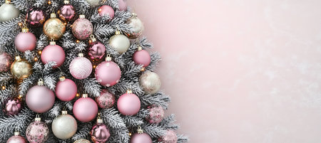 Frosted Christmas Tree Decorated with Pink and Gold Ornaments, Ideal for Festive Holiday Cheerの素材