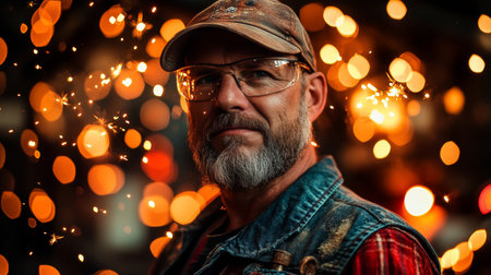 Industrial Worker Wearing Safety Glasses in Welding Environment Surrounded by Fire Sparks and Toolsの素材