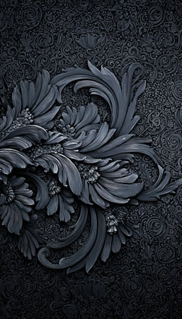 Elegant Floral Ornament Design on Dark Grunge Wallpaper, Sophisticated Monochrome Artistic Decorの素材