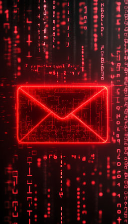 Digital Phishing Alert Envelope Icon Over Red Binary Code Representing Cyber Attacks and Hackingの素材