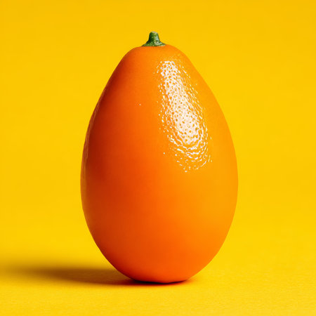 A Bright Orange Kumquat Fruit Isolated on a Sunny Yellow Background, Perfect for Health Concepts.の素材