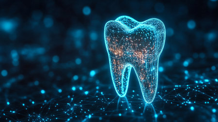 Futuristic Digital Dentistry Concept with Blue Holographic Polygons and Innovative Dental Technologyの素材