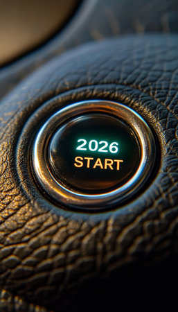 Illuminated Start Engine Button in a Modern Car Dashboard with Glossy Finish and Metallic Accentsの素材