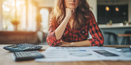 Woman Analyzing Financial Data and Balancing Budget While Managing Bank Relations at Home Officeの素材