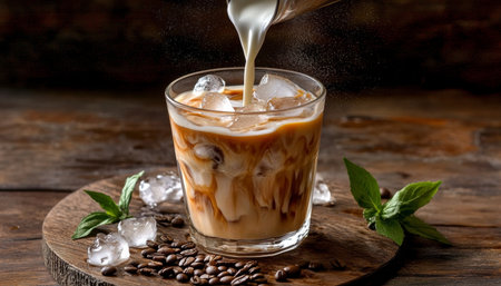Creamy Iced Coffee with Milk Pouring Over Ice, Perfect for a Refreshing Morning Treatの素材
