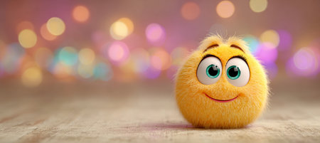 Adorable 3D Yellow Emoji Character with Big Expressive Eyes on a Blurred Background for Text Useの素材