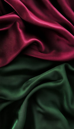 Elegant Silk Fabric with Rich Maroon and Fern Green Colors, Capturing Dynamic Waves and Depthの素材