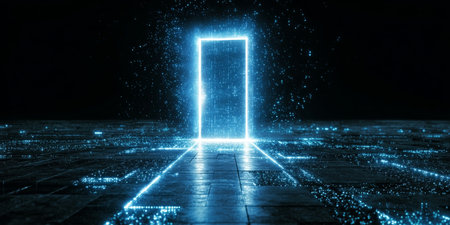 Futuristic Abstract Digital Door Frame with Neon Light, Glowing Lines, and Modern Technology Designの素材