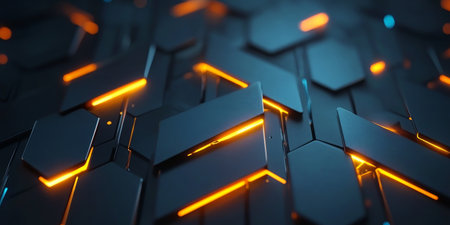 Futuristic Hexagonal Abstract Glowing Technology Background with Geometric Shapes and Light Effectsの素材
