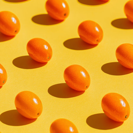 Vibrant Kumquat Fruit Flatlay on Bright Yellow Background, Freshness and Healthy Eating Conceptの素材
