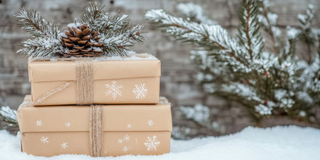 Beautiful Winter Wonderland Scene with Snowflakes, Rustic Christmas Decorations, and Festive Giftsの素材