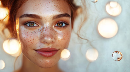 Close Up of Radiant Young Skin with Sparkling Lights, Beauty and Health for Magazine Conceptsの素材