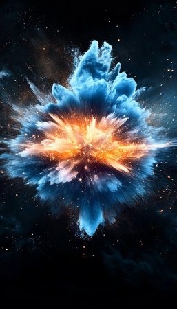 Dynamic Digital Artwork of a Vibrant Blue and Orange Energy Burst Against a Deep Black Backgroundの素材