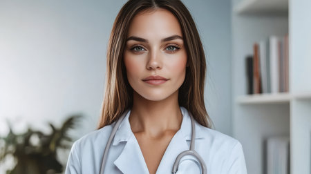 Confident female doctor with stethoscope, smiling in a modern hospital environment, health expertの素材
