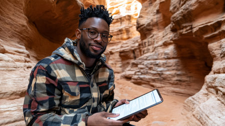 Tech-Savvy Millennial with Tablet in Desert Landscape, Blending Nature and Digital Explorationの素材