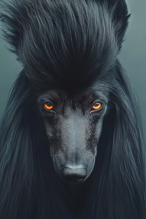 Majestic Poodle Gaze with Dark Fur, Striking Intensity Against a Minimalist Neutral Backdropの素材