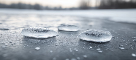 Winter Landscape with Ice Shards on a Frozen Lake Surface Under a Clear Blue Sky, Tranquil Sceneの素材