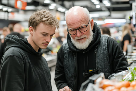 Two People Checking Fresh Produce Together at the Grocery Store, Shopping Smart and Enjoying Fruitsの素材