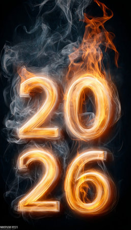 Year 2026 in Flames on Smoky Background, Futuristic Date Representation with Glowing Fire Elementsの素材