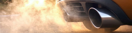 A Close-Up View of an Automobile Exhaust Emitting Smoke While Driving Through Autumn Nature Sceneryの素材